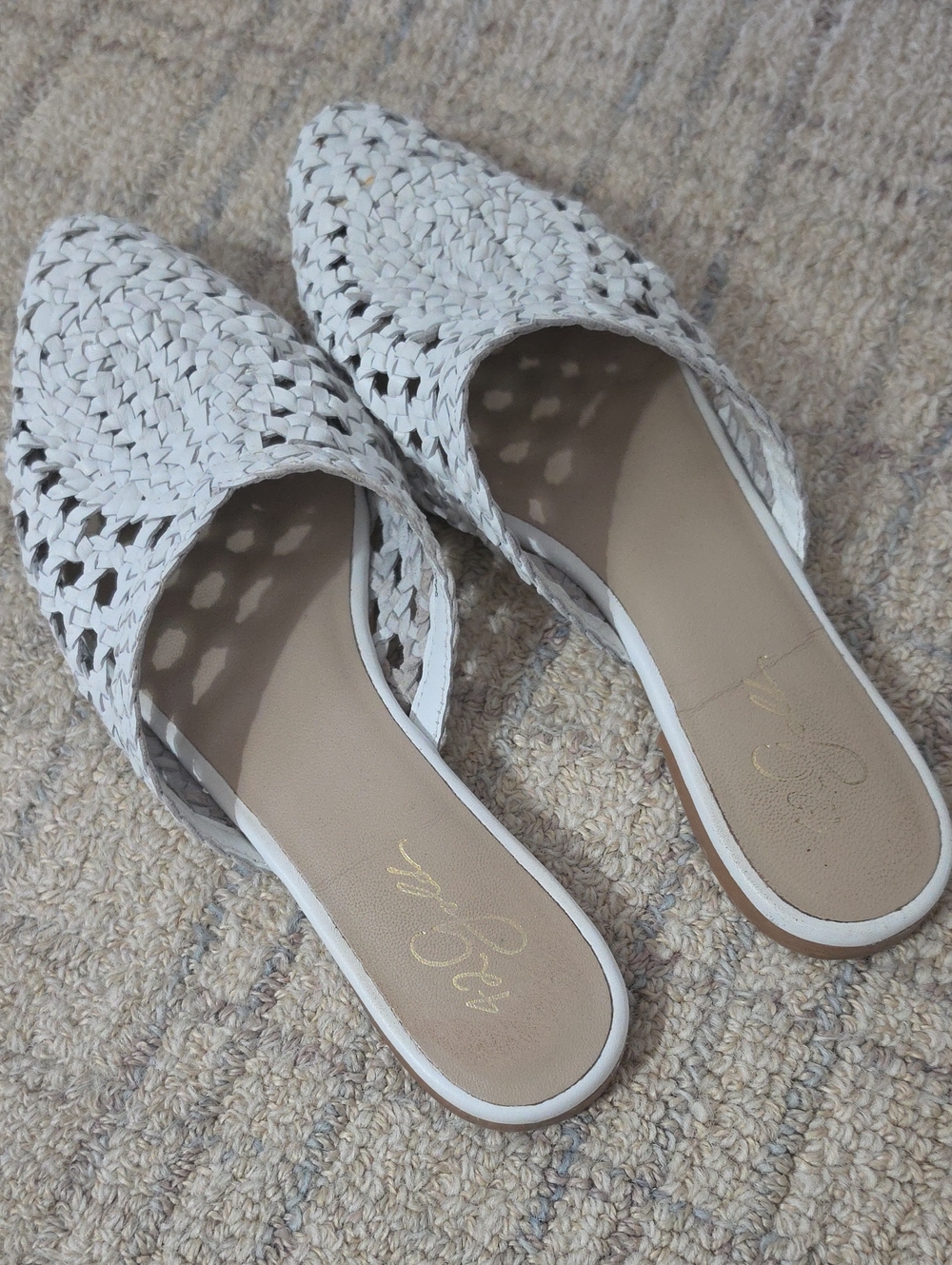 42 GOLD White Woven Slip-On Mules